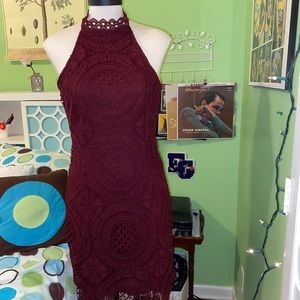 Burgundy lace, high neck dress